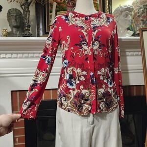 Dana Buchman Womens Medium Red Floral Preppy Glam Button Up‎ Blouse Long Sleeve